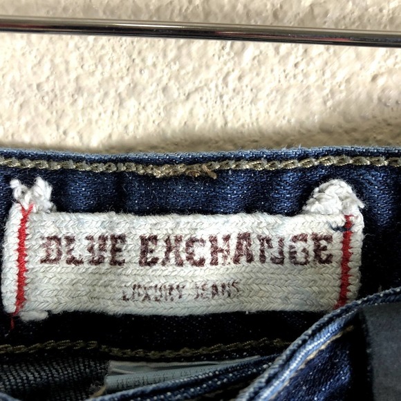 Blue Exchange Jeans Blue Dark Denim Black Faux Leather Trim Straight Size 31 - Picture 6 of 12
